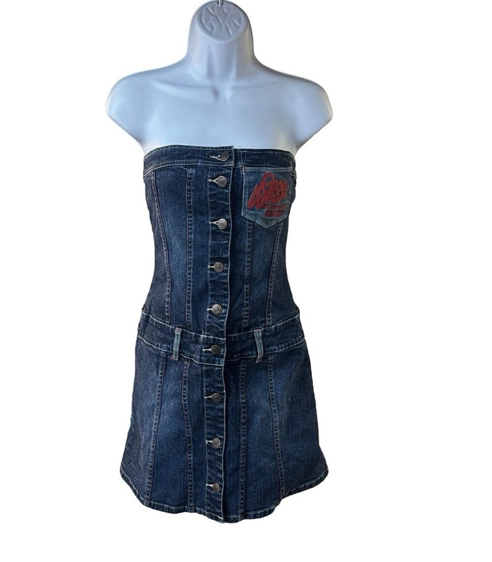 Rocawear Womens S Strapless Denim Mini Dress Y2K Embroidered 99 Hip Hop Jean
